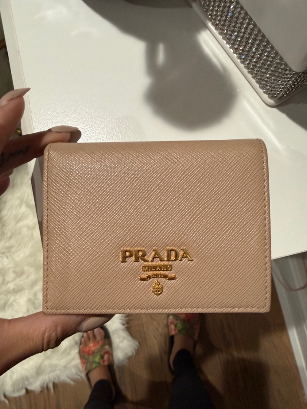Prada Blush Saffiano Leather Compact Wallet with Gold Logo